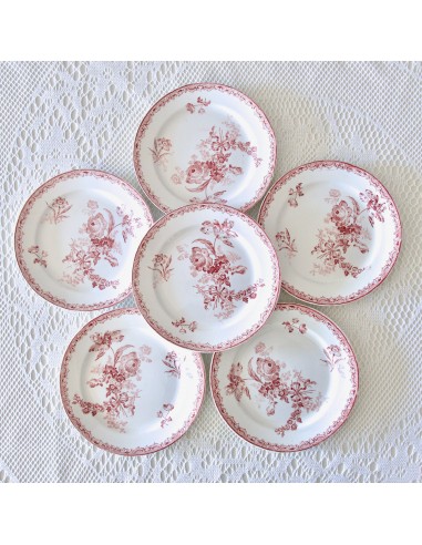 6 assiettes plates Sarreguemines "Fontanges" - terre de fer rose une grave pollution 