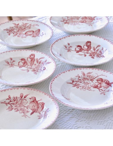 6 assiettes creuses XIXe Sarreguemines "Favori" - terre de fer rose rembourrage situé sous